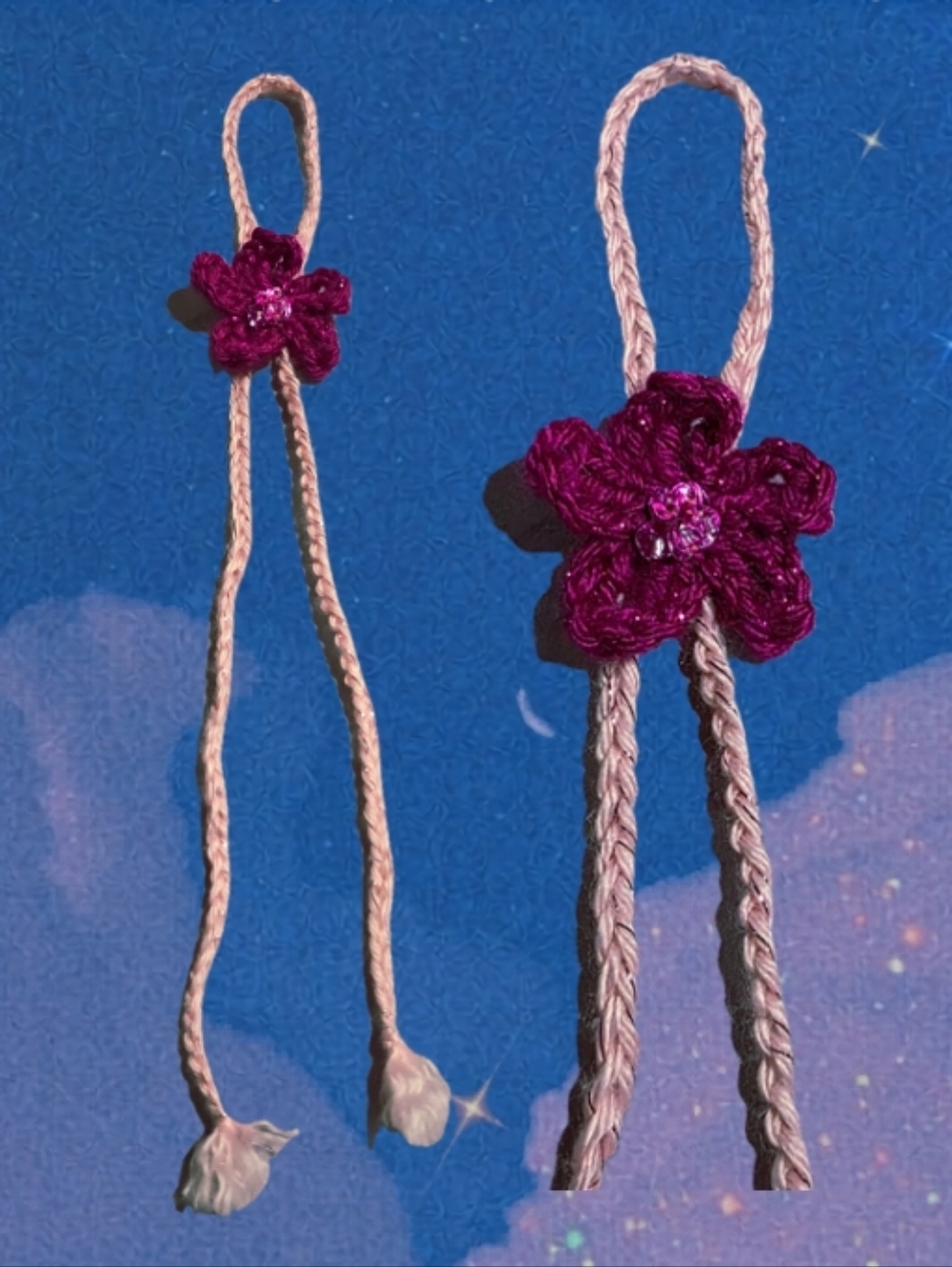 Handmade Crochet Flower Bolo Necklace — Magenta & Light Pink